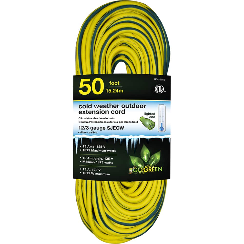 GoGreen Power - Power Cords; Cord Type: Extension Cord ; Overall Length (Feet): 50 ; Cord Color: Yellow ; Amperage: 13 ; Voltage: 125 ; Wire Gauge/Number of Conductors: 12/3 - Exact Industrial Supply