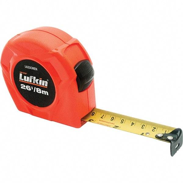 Lufkin - 26' x 1" Yellow Steel Blade Tape Measure - 1/16" Graduation, Inch/Metric & Foot Graduation Style, Orange ABS Plastic Case - All Tool & Supply