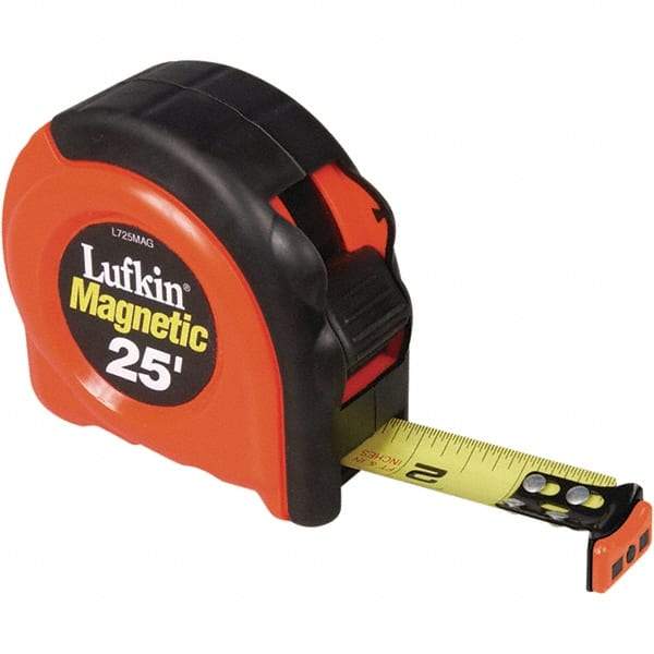 Lufkin - 26' x 1" Yellow Steel Blade Tape Measure - 1/16" Graduation, Inch/Metric Graduation Style, Orange/Black ABS Plastic Case - All Tool & Supply