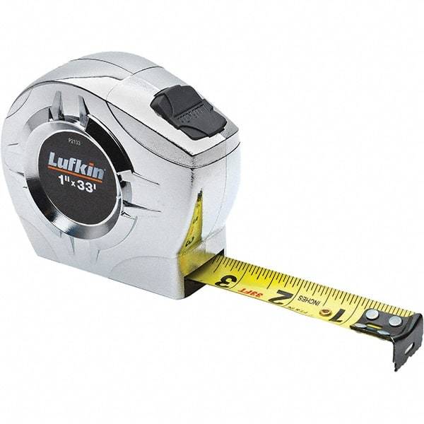 Lufkin - 33' x 1" Yellow Steel Blade Tape Measure - 1/16" & 1/10 & 1/100' Graduation, Inch Graduation Style, Chrome ABS Plastic Case - All Tool & Supply