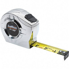 Lufkin - 33' x 1" Yellow Steel Blade Tape Measure - 1/16" & 1/10 & 1/100' Graduation, Inch Graduation Style, Chrome ABS Plastic Case - All Tool & Supply