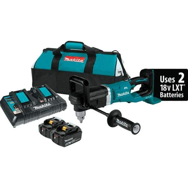 Makita - 36 Volt 1/2" Chuck Right Angle Handle Cordless Drill - 0-1400 RPM, Reversible, 2 Lithium-Ion Batteries Included - All Tool & Supply