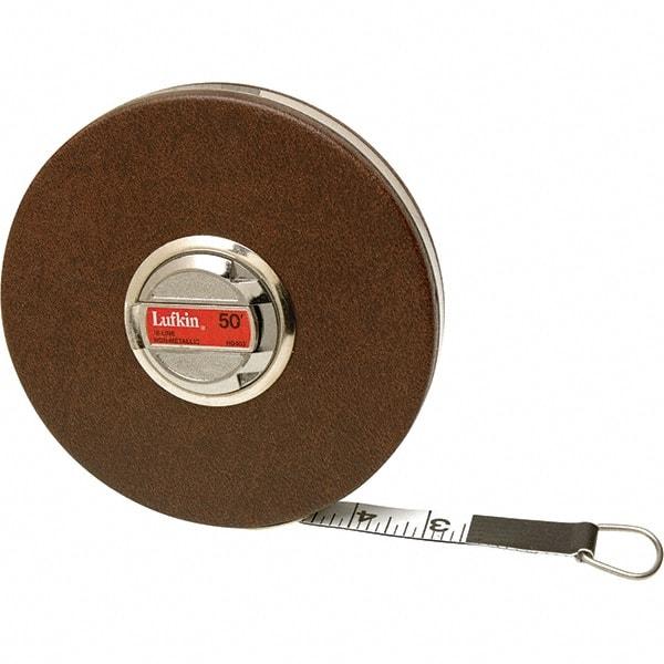 Lufkin - 100' x 5/8" White Fiberglass Blade Tape Measure - 1/10' Graduation, Inch Graduation Style, Brown Vinyl Clad Steel Case - All Tool & Supply