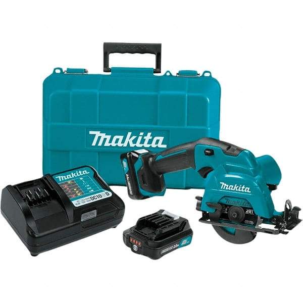 Makita - 12 Volt, 3-3/8" Blade, Cordless Circular Saw - 1,500 RPM, 2 Lithium-Ion Batteries Included - All Tool & Supply