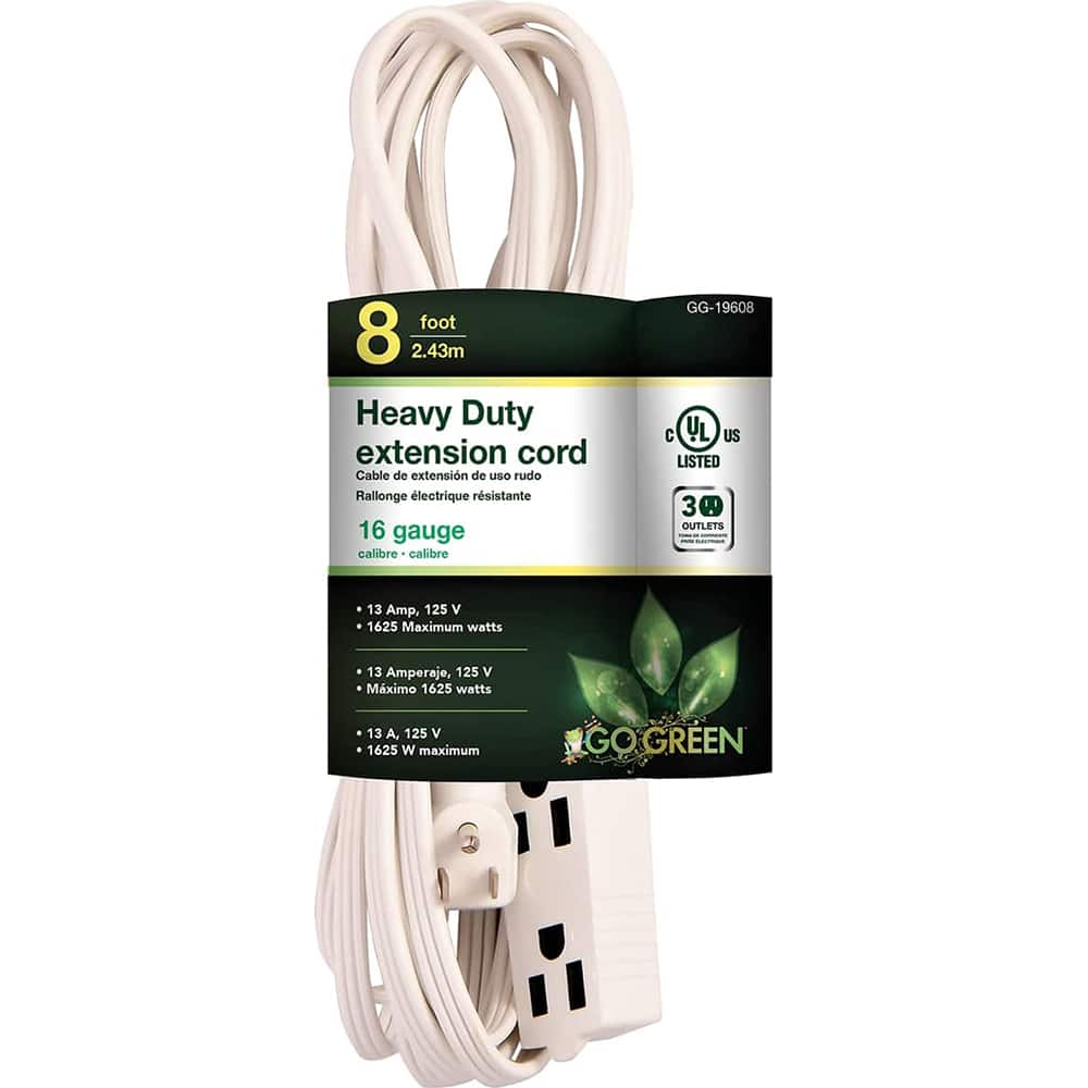 GoGreen Power - Power Cords; Cord Type: Extension Cord ; Overall Length (Feet): 8 ; Cord Color: White ; Amperage: 13 ; Voltage: 125 ; Wire Gauge/Number of Conductors: 16/3 - Exact Industrial Supply