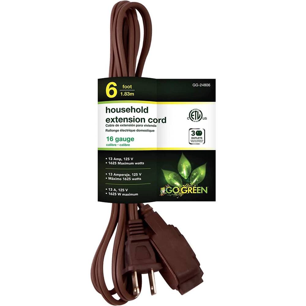 GoGreen Power - Power Cords; Cord Type: Replacement Cord ; Overall Length (Feet): 6 ; Cord Color: Brown ; Amperage: 13 ; Voltage: 125 ; Wire Gauge/Number of Conductors: 16/2 - Exact Industrial Supply