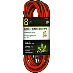 GoGreen Power - Power Cords; Cord Type: Extension Cord ; Overall Length (Feet): 8 ; Cord Color: Orange ; Amperage: 13 ; Voltage: 125 ; Wire Gauge/Number of Conductors: 16/3 - Exact Industrial Supply