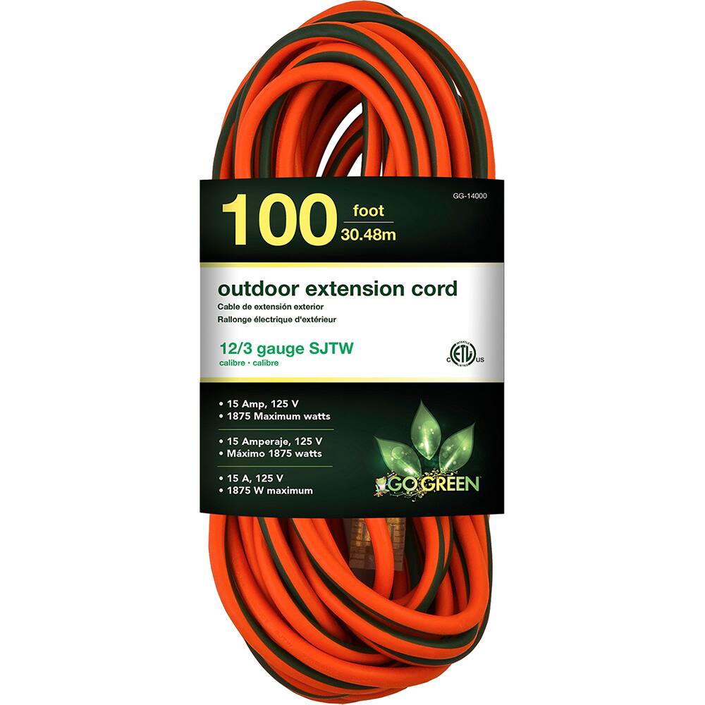 GoGreen Power - Power Cords; Cord Type: Extension Cord ; Overall Length (Feet): 100 ; Cord Color: Orange ; Amperage: 15 ; Voltage: 125 ; Wire Gauge/Number of Conductors: 12/3 - Exact Industrial Supply