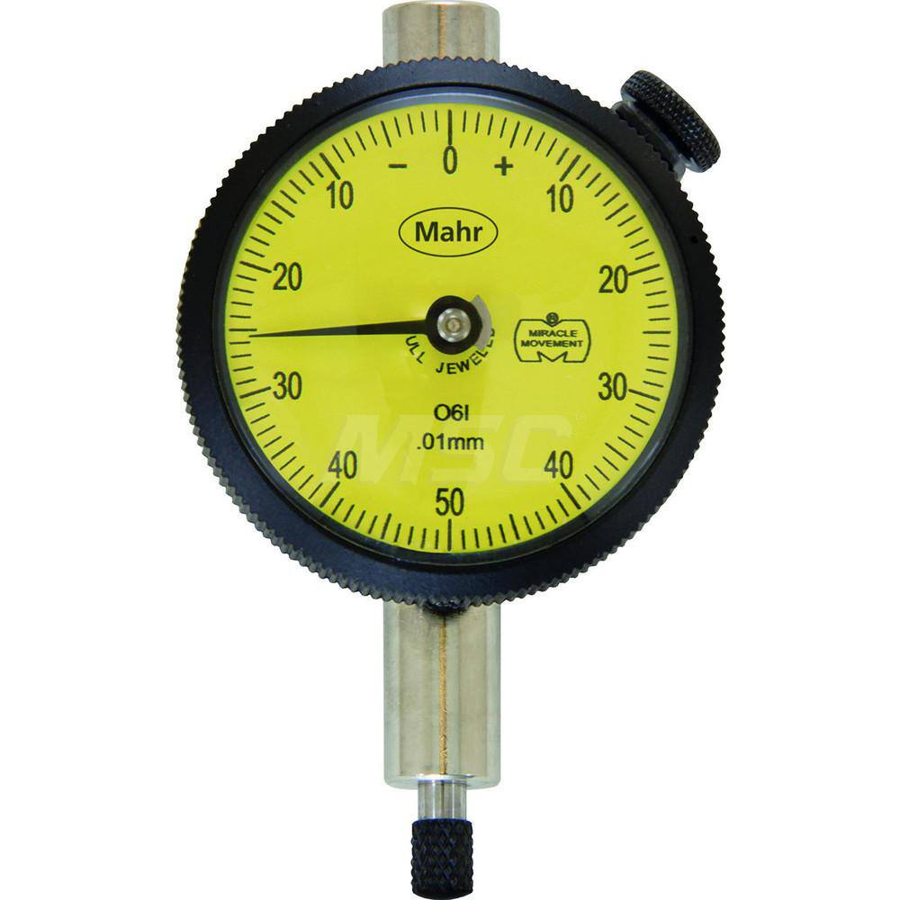 Mahr - Dial Drop Indicators; Maximum Measurement (Inch): 0.25 ; Maximum Measurement (mm): 6.25 ; Dial Graduation (mm): 0.0250 ; Dial Graduation (Decimal Inch): 0.001000 ; Dial Reading: 0-250 ; Dial Diameter (mm): 45.00 - Exact Industrial Supply