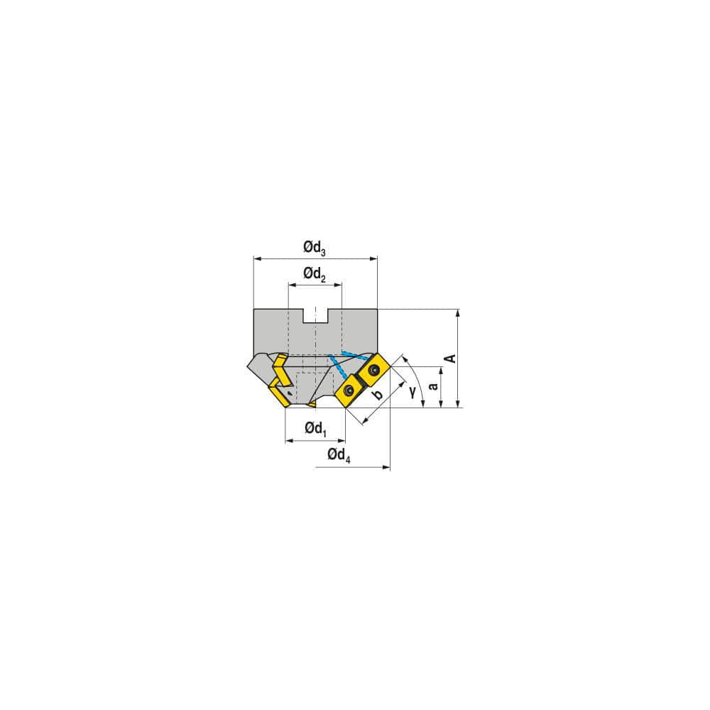 Indexable Chamfer & Angle Face Mills; Minimum Cutting Diameter (mm): 35.00; Maximum Cutting Diameter (mm): 64.60; Maximum Depth of Cut (mm): 25.60; Arbor Hole Diameter (mm): 22.00; Lead Angle: 60; Compatible Insert Size Code: LD.. 1504..; Cutter Style: A2