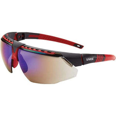 Uvex - Blue Mirror Lenses, Framed Safety Glasses - Scratch Resistant, Red Frame, Adjustable Temples, Size Universal, Wrap Around - All Tool & Supply