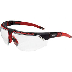 Uvex - Clear Lenses, Framed Safety Glasses - Anti-Fog, Red Frame, Adjustable Temples, Size Universal, Wrap Around - All Tool & Supply