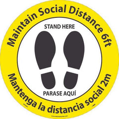 Adhesive Backed Floor Signs; Message Type: COVID-19; Graphic Type: Shoeprints; Message or Graphic: Message & Graphic; Legend: Maintain Social Distance 6Ft Stand Here, Mantenga La Distancia Social 2M Parase Aqui; Color: White; Yellow; Black; Special Color