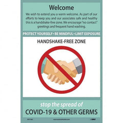 NMC - "COVID 19 - Welcome - Handshake Free Zone", 12" Wide x 18" High, Vinyl Safety Sign - All Tool & Supply