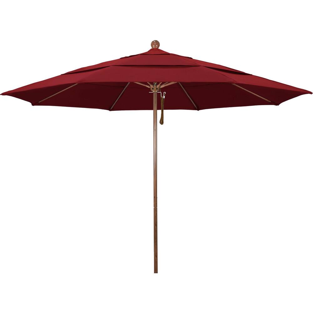 Patio Umbrellas; Diameter (Feet): 11; Height (Feet): 8.917; Fabric Color: Red; Base Included: No; Canopy Fabric: Olefin; Fade Resistant: Yes; Additional Information: Pulley Lift; Frame Material: Aluminum