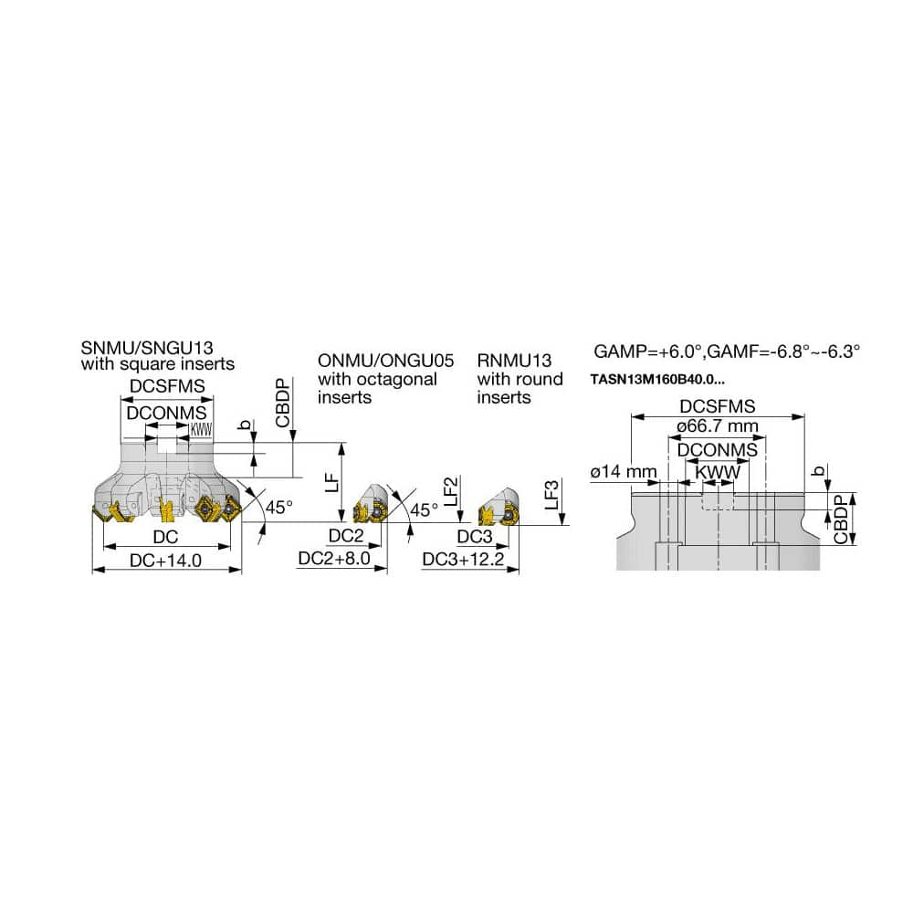 Indexable Chamfer & Angle Face Mills; Minimum Cutting Diameter (mm): 100.00; Maximum Cutting Diameter (mm): 114.00; Maximum Depth of Cut (mm): 6.00; Arbor Hole Diameter (mm): 31.75; Lead Angle: 45; Compatible Insert Size Code: SNMU1307ANEN-MJ; RNMU1307ZNE