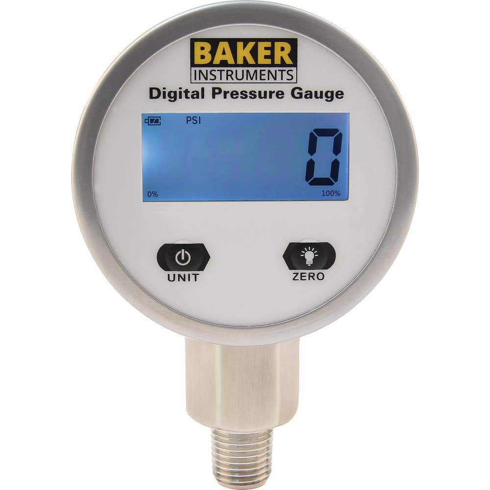 Pressure Gauges; Gauge Type: Digital Pressure Gauge; Scale Type: Single; Dial Type: Digital; Thread Type: 1/4″ MNPT; Bourdon Tube Material: Stainless Steel; Mount Type: Bottom; Wetted Parts Material: Stainless Steel; Minimum Hg: 0; Maximum Hg: 31; Liquid