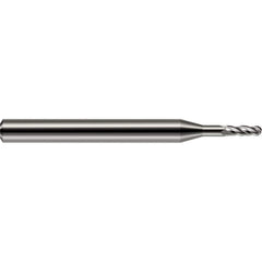 Ball End Mill: 0.1562″ Dia, 0.47″ LOC, 4 Flute, Solid Carbide 2″ OAL, 3/16″ Shank Dia, 30 ° Helix, Uncoated, Single End