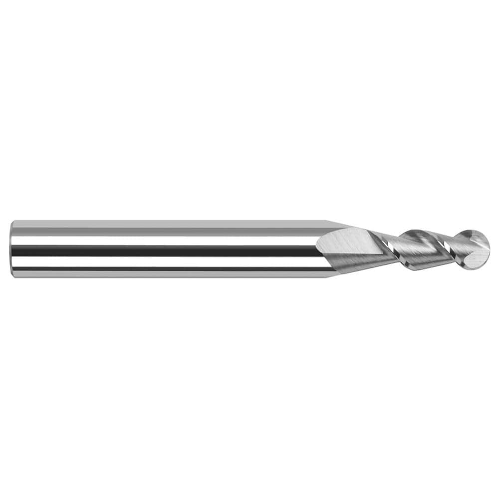 Ball End Mill: 0.1562″ Dia, 0.562″ LOC, 2 Flute, Solid Carbide 2″ OAL, 3/16″ Shank Dia, 45 ° Helix, Uncoated, Single End