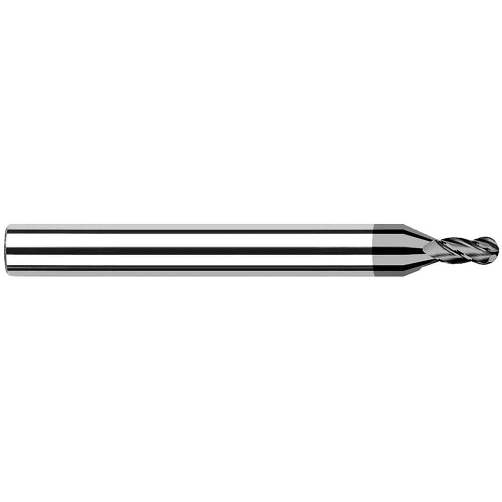 Ball End Mill: 0.062″ Dia, 0.093″ LOC, 4 Flute, Solid Carbide 1-1/2″ OAL, 1/8″ Shank Dia, 30 ° Helix, CVD Coated, Single End