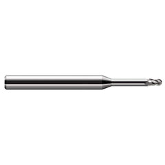 Ball End Mill: 0.02″ Dia, 0.03″ LOC, 3 Flute, Solid Carbide 2-1/2″ OAL, 1/8″ Shank Dia, 30 ° Helix, Uncoated, Single End