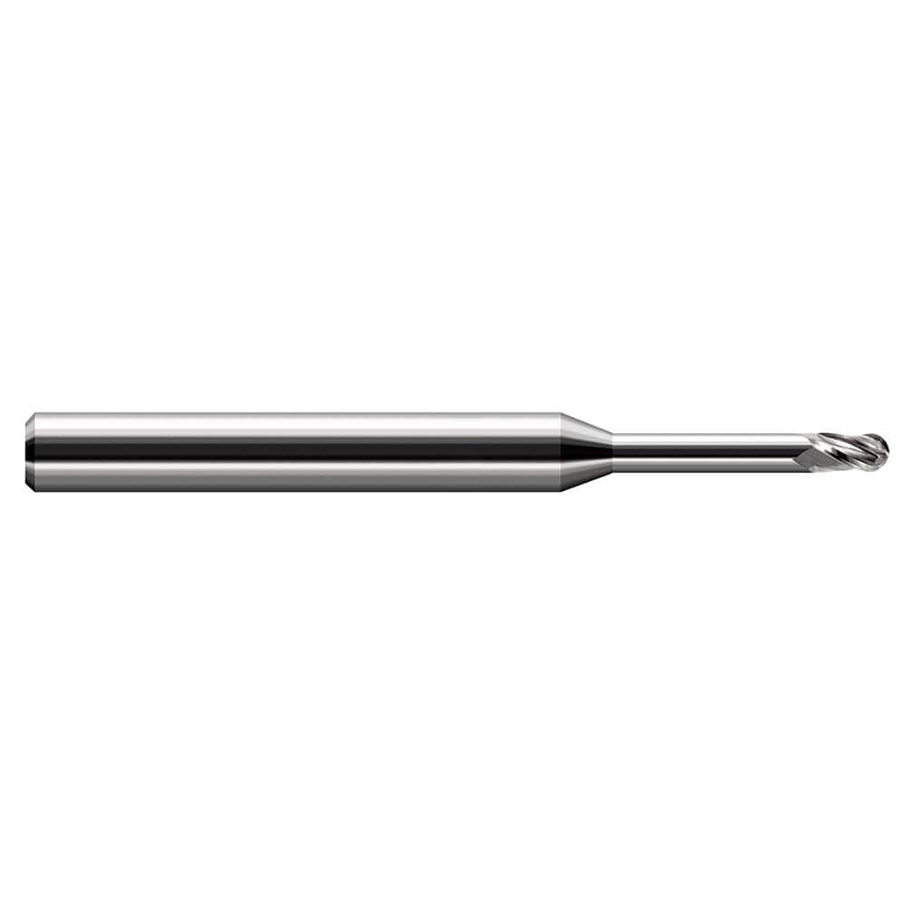 Ball End Mill: 0.015″ Dia, 0.023″ LOC, 3 Flute, Solid Carbide 2-1/2″ OAL, 1/8″ Shank Dia, 30 ° Helix, Uncoated, Single End