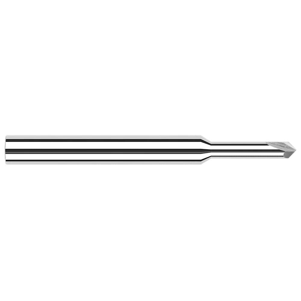 Chamfer Mill: 0.05″ Dia, 2 Flutes, Solid Carbide 2-1/2″ OAL, 1/8″ Shank Dia, Bright/Uncoated