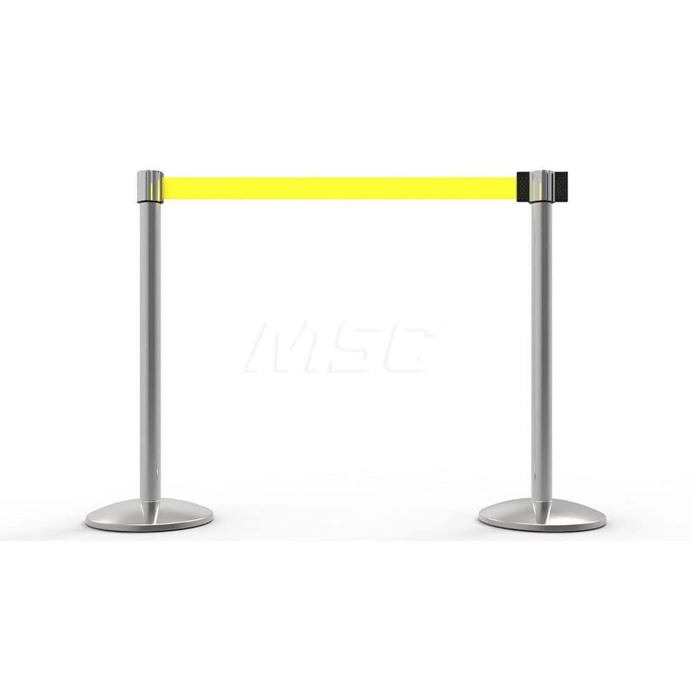 Free Standing Retractable Belt Barrier Post: 40″ High, 2.4″ Dia, Aluminum Post Cast Iron, Black & Yellow