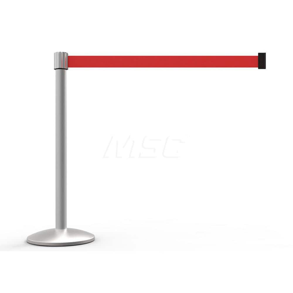 Free Standing Retractable Belt Barrier Post: 40″ High, 2.4″ Dia, Aluminum Post Cast Iron, Red & Silver