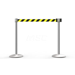 Free Standing Retractable Belt Barrier Post: 40″ High, 2.4″ Dia, Aluminum Post Cast Iron, Black, Silver & Yellow