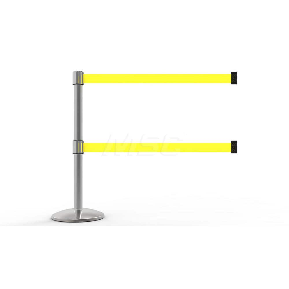 Free Standing Retractable Belt Barrier Post: 40″ High, 2.4″ Dia, Aluminum Post Cast Iron, Black & Yellow