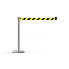 Free Standing Retractable Belt Barrier Post: 40″ High, 2.4″ Dia, Aluminum Post Cast Iron, Black & Yellow