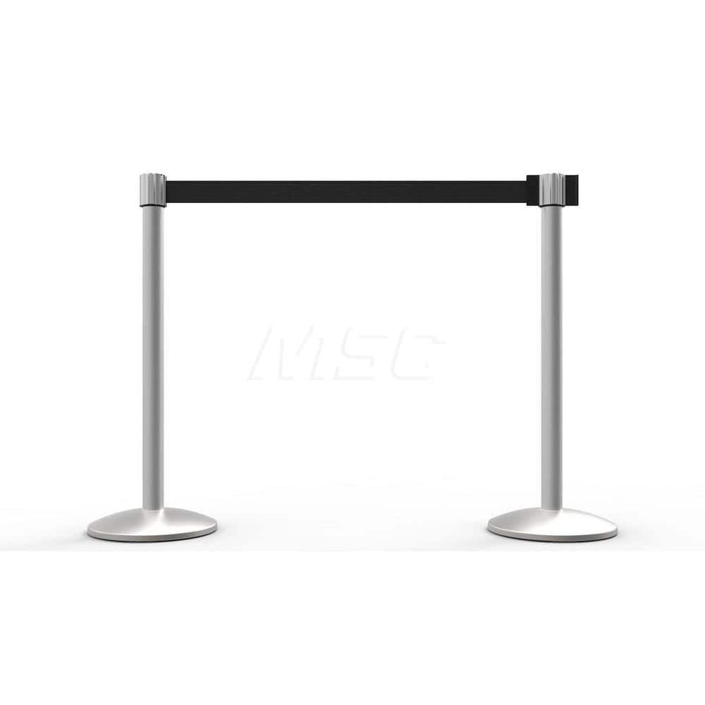 Free Standing Retractable Belt Barrier Post: 40″ High, 2.4″ Dia, Aluminum Post Cast Iron, Black & Silver