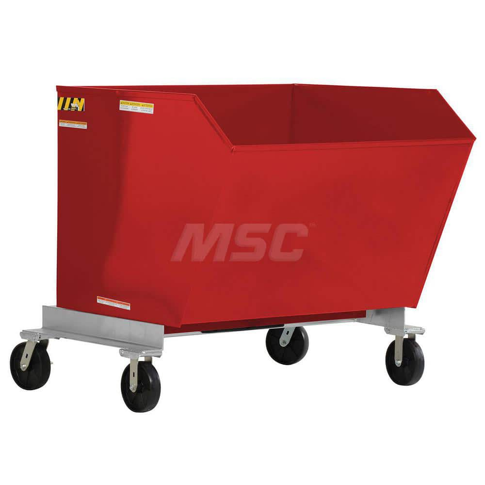 Stationary Tilt Hopper: 2,000 lb Capacity, 59″ Wide, 58.81″ Long, 47.625″ High Red, Powder Coated Steel, Hand Control