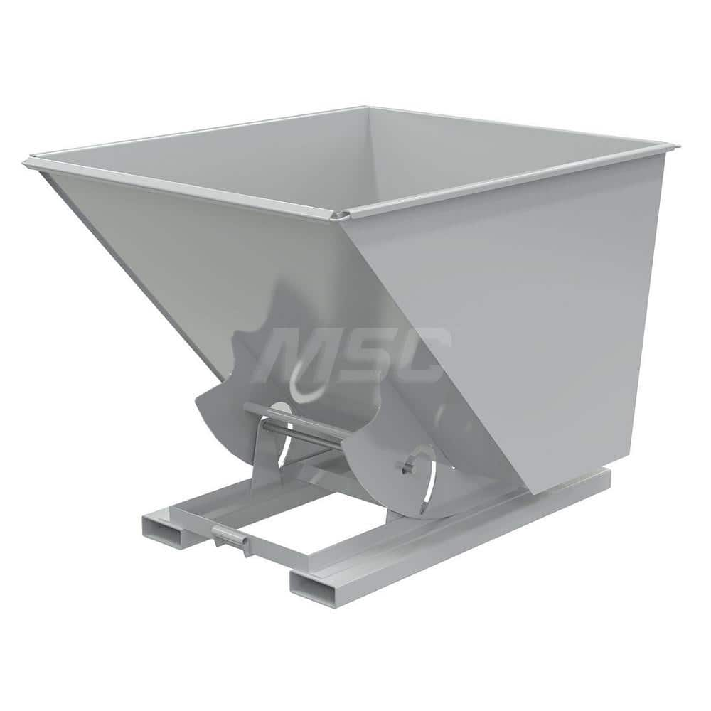 Stationary Tilt Hopper: 2,000 lb Capacity, 57″ Wide, 69″ Long, 52″ High Gray, Powder Coated Steel, Hand Control