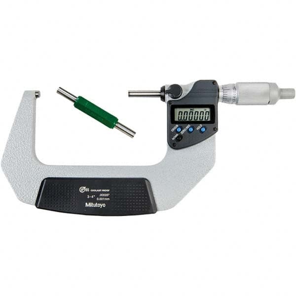 Electronic Outside Micrometer: 4″, Carbide Tipped Measuring Face, IP65 0.00005″ Resolution,  ±0.000050″Accuracy, Ratchet Thimble