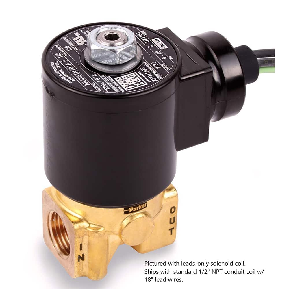 Parker - Solenoid Valves; Valve Type: 2-Way, 2 Position ; Port Size: 3/8 ; Maximum Working Pressure (psi): 40.000 ; Valve Unactuated State: Normally Closed ; Body Material: Brass ; Seal Material: NBR - Exact Industrial Supply