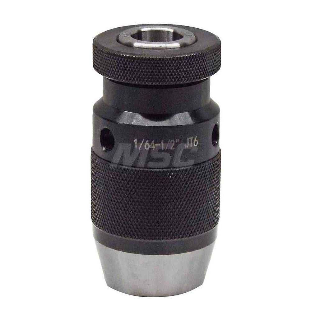 Drill Chuck: 1/64 to 1/2″ Capacity, Jacob Taper Mount, JT6 Keyless