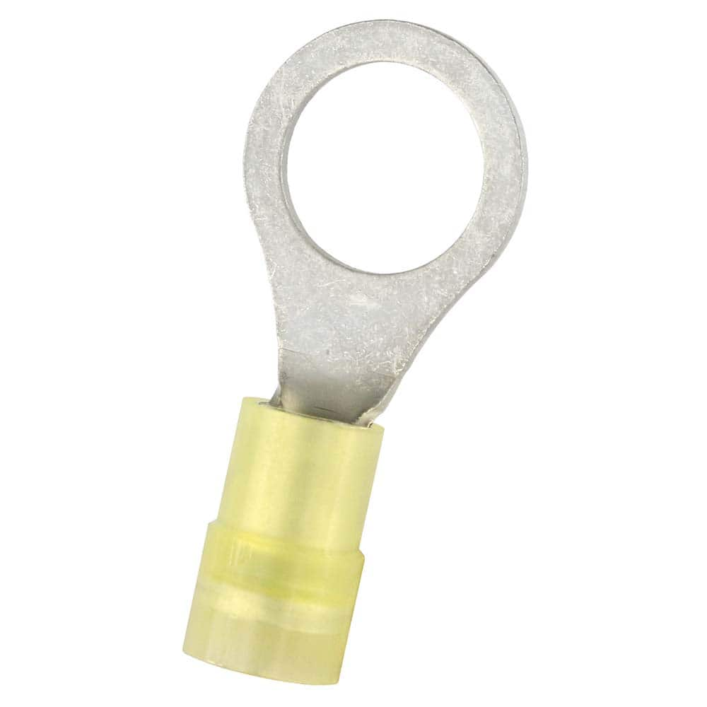 Circular Ring Terminal: Partially Insulated, 12 to 10 AWG, Crimp Connection 1.339″ Long, 0.591″ Wide, Copper Contact, Yellow