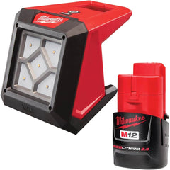 Milwaukee Tool - Cordless Work Lights; Voltage: 12 ; Run Time: 15 Hrs. ; Lumens: 1000 ; Color: Red ; Includes: M12 12V 2A Red Li-Ion Compact Battery ; PSC Code: 6210 - Exact Industrial Supply