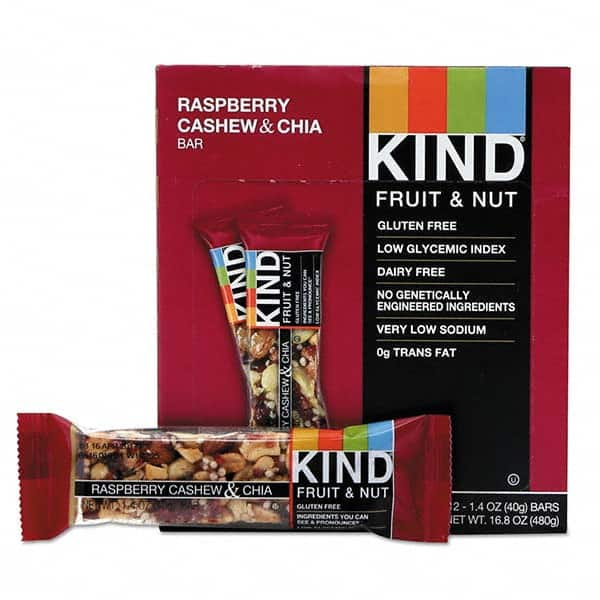 KIND - Snacks, Cookies, Candy & Gum Breakroom Accessory Type: Granola Bars Breakroom Accessory Description: Fruit and Nut Bars, Raspberry Cashew & Chia, 1.4 oz Bar, 12/Box - All Tool & Supply