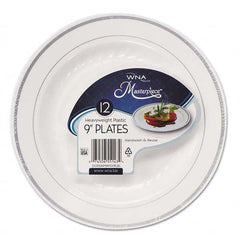 WNA - Masterpiece Plastic Plates, 9 in, White w/Silver Accents, Round, 120/Carton - All Tool & Supply