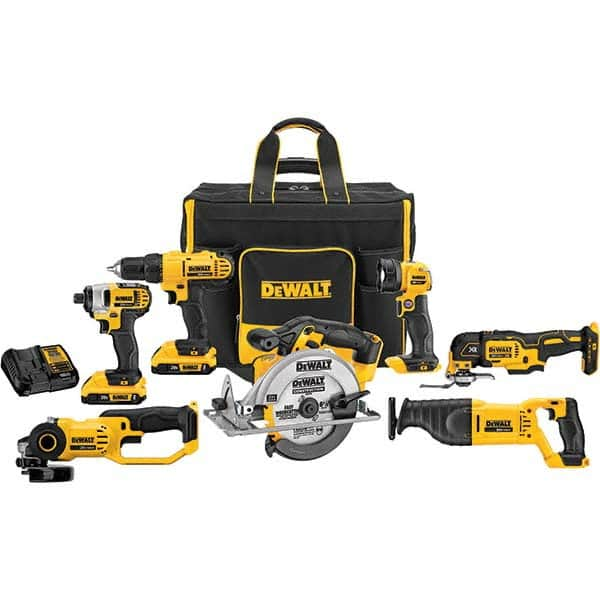 DeWALT - Cordless Tool Combination Kits Voltage: 20 Tools: 1/2" Drill/Driver; 1/4" Impact Driver; 6-1/2" Circular Saw; Work Light; Reciprocating Saw; Grinder; Blue Tooth Speaker - All Tool & Supply