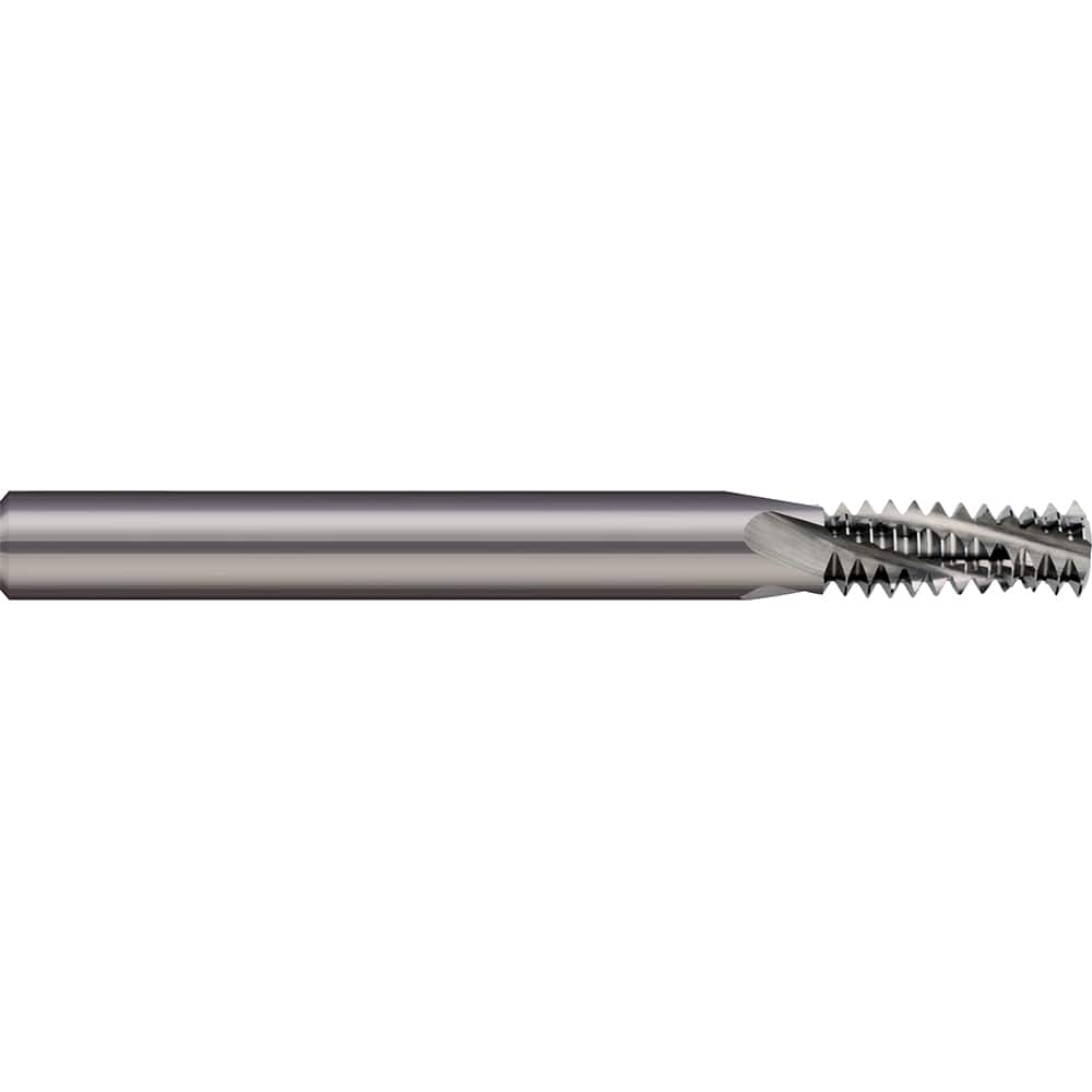 Helical Flute Thread Mill: #1-8, Internal & External, 4 Flute, 5/8″ Shank Dia, Solid Carbide 8 TPI, 0.62″ Cut Dia, 1-3/8″ LOC, 2″ OAL, Bright/Uncoated