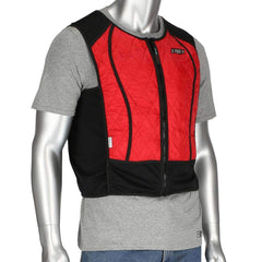 Cooling Vests; Cooling Type: Evaporating; Phase Change; Activation Method: Chill Cooling Inserts Until White and Rigid; Size: 3-Xlarge; Color: Red and Black; Color Properties: NonReflective; Maximum Cooling Time (Hours): 3; Includes: Cooler Bag; Closure: