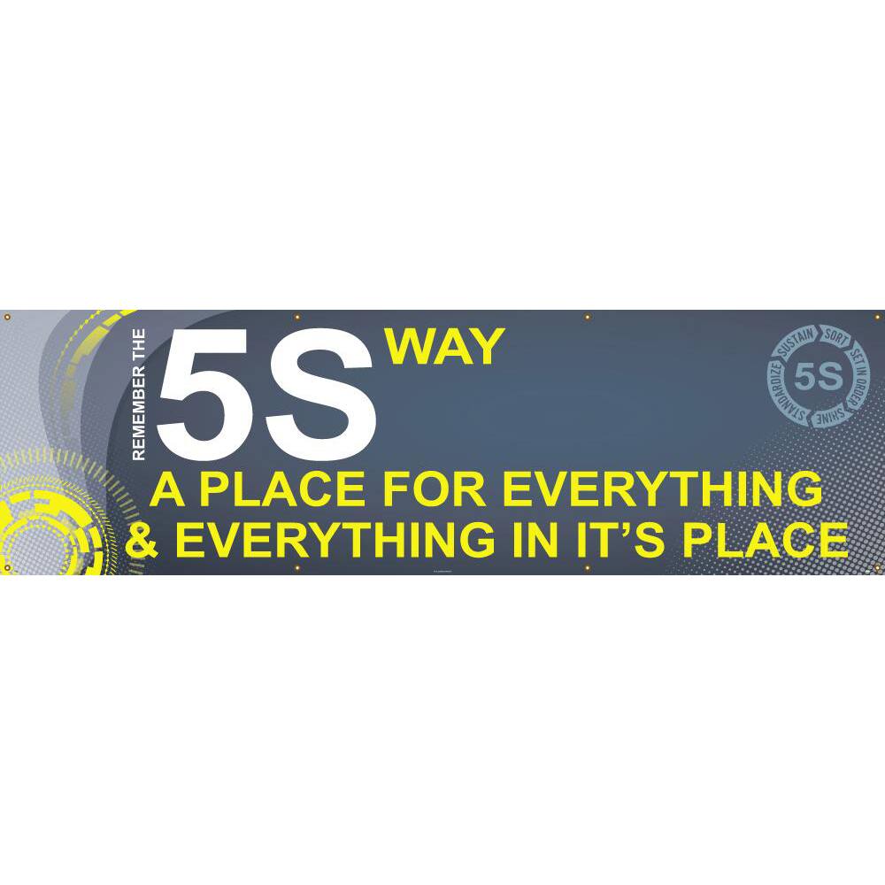 NMC - Banners; Message Type: Lean ; Legend: REMEMBER THE 5S WAY A PLACE FOR EVERYTHING & EVERYTHING IN ITS PLACE ; Graphic: 5s ; Material Type: Vinyl ; Language: English ; Length (Inch): 120 - Exact Industrial Supply