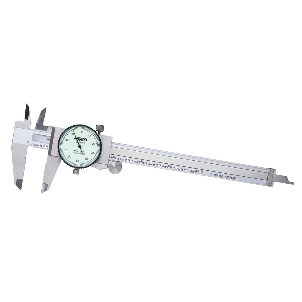 Insize USA LLC - Dial Calipers; Maximum Measurement (Inch): 6 ; Dial Graduation (Decimal Inch): 0.001000 ; Accuracy (Decimal Inch): ?.0015 ; Jaw Length (Decimal Inch): 1.5750 ; Range Per Revolution (Decimal Inch): 0.1000 ; Dial Face Color: White - Exact Industrial Supply