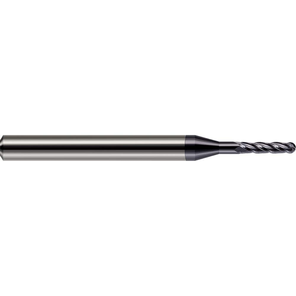 Ball End Mill: 0.085″ Dia, 0.255″ LOC, 4 Flute, Solid Carbide 1-1/2″ OAL, 1/8″ Shank Dia, 30 ° Helix, AlTiN Coated, Single End