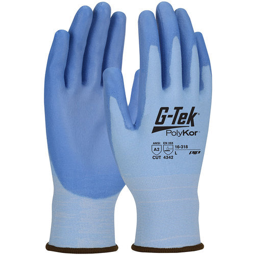 ‎16-318V/XS Coated Gloves w/Polykor - G-Tek PolyKor - Blue 18G Seamless Knit - Blue PU Coating - A2 - Vend Pk - Exact Industrial Supply