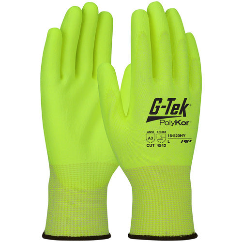 ‎16-520HY/S Coated Gloves w/Polykor - G-Tek PolyKor - Hi-Vis 13G Blended Shell - Hi-Vis Polyurethane Grip - A3 - Exact Industrial Supply